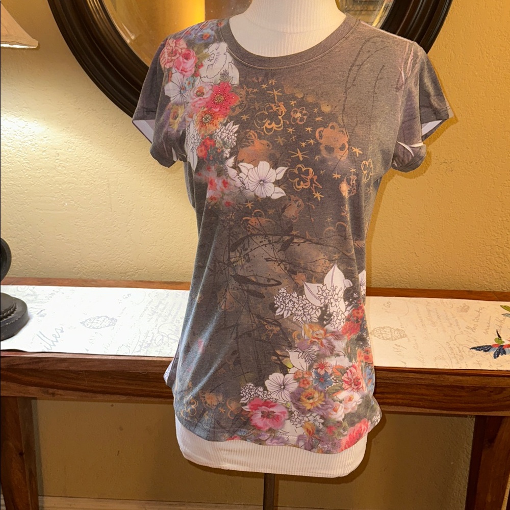 Yukiko Gray and Pink Floral Tee